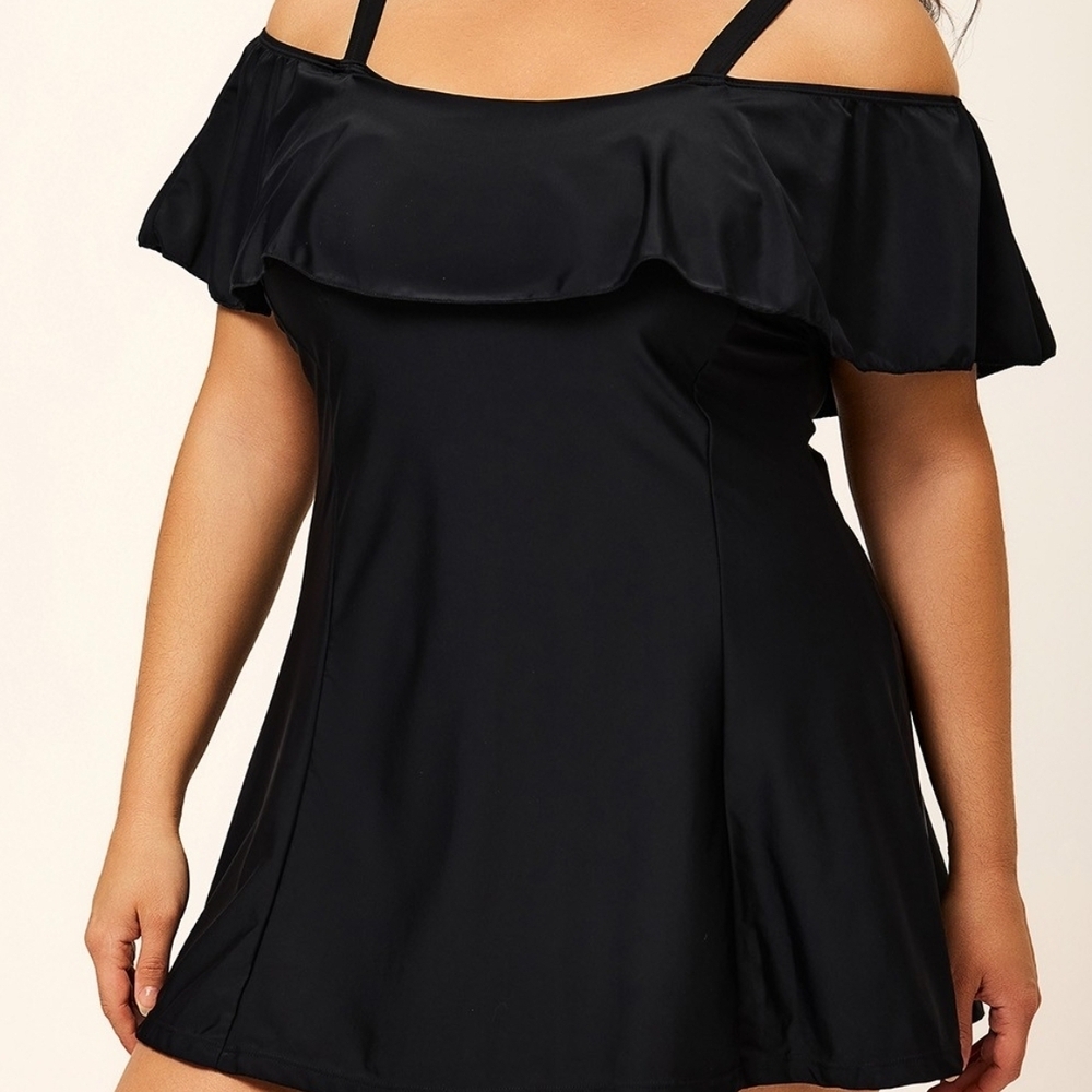 Black Off-Shoulder Ruffle Swimdress